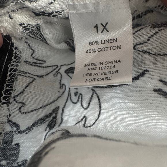 Harve Benard 1X Black White Floral Button Down Linen Cotton Top - Picture 6 of 6